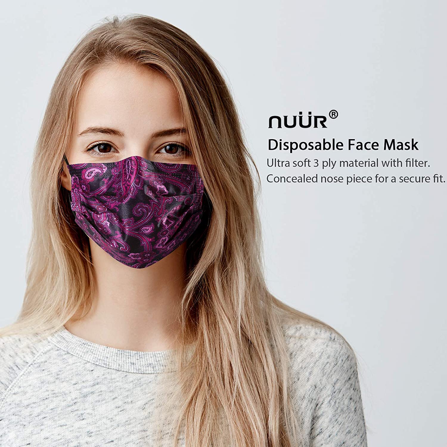 NUÜR 10pcs Paisley 3 Ply Disposable Face Mask with Elastic Earloop - Magenta - Image 2