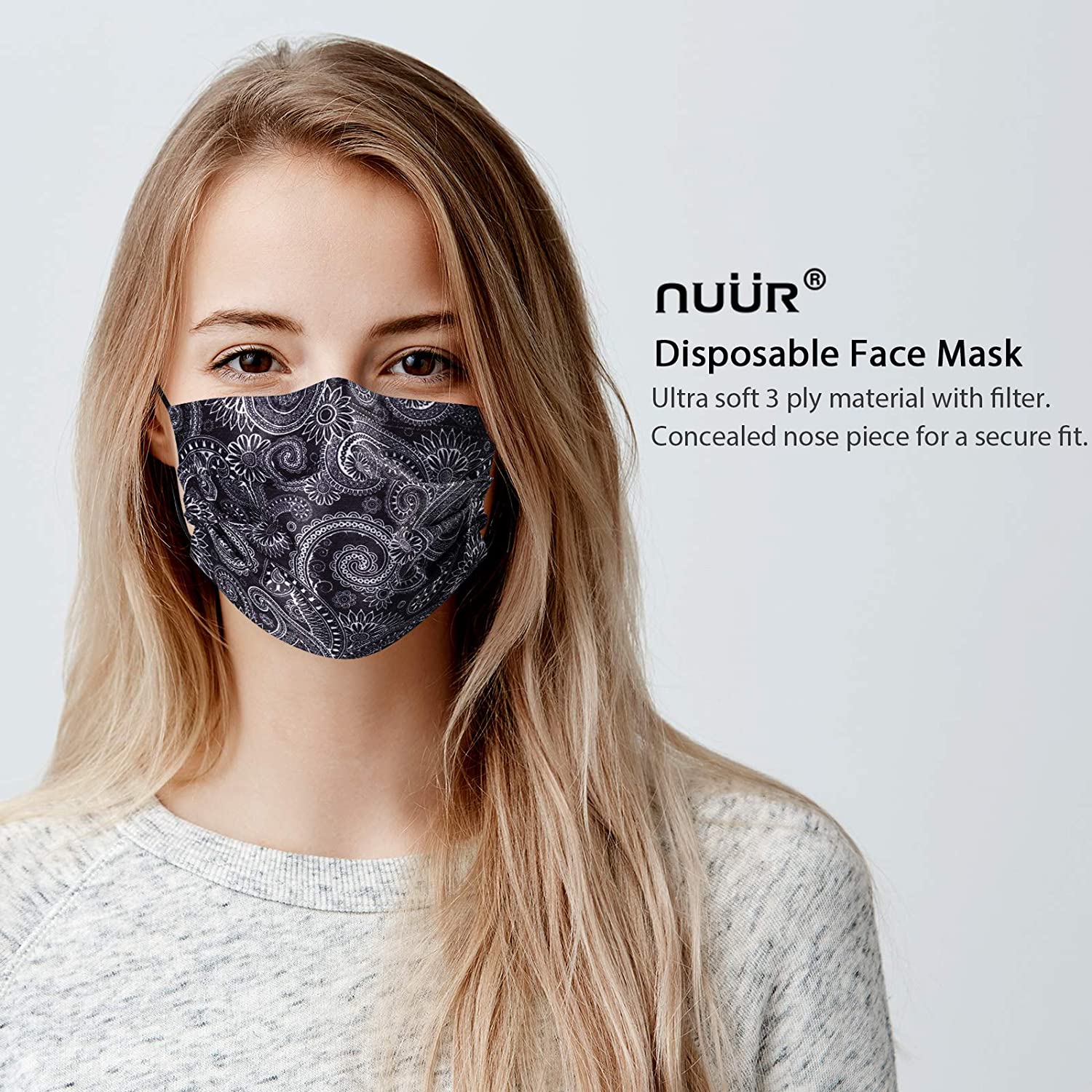 NUÜR 10pcs Paisley 3 Ply Disposable Face Mask with Elastic Earloop - Black - Image 2