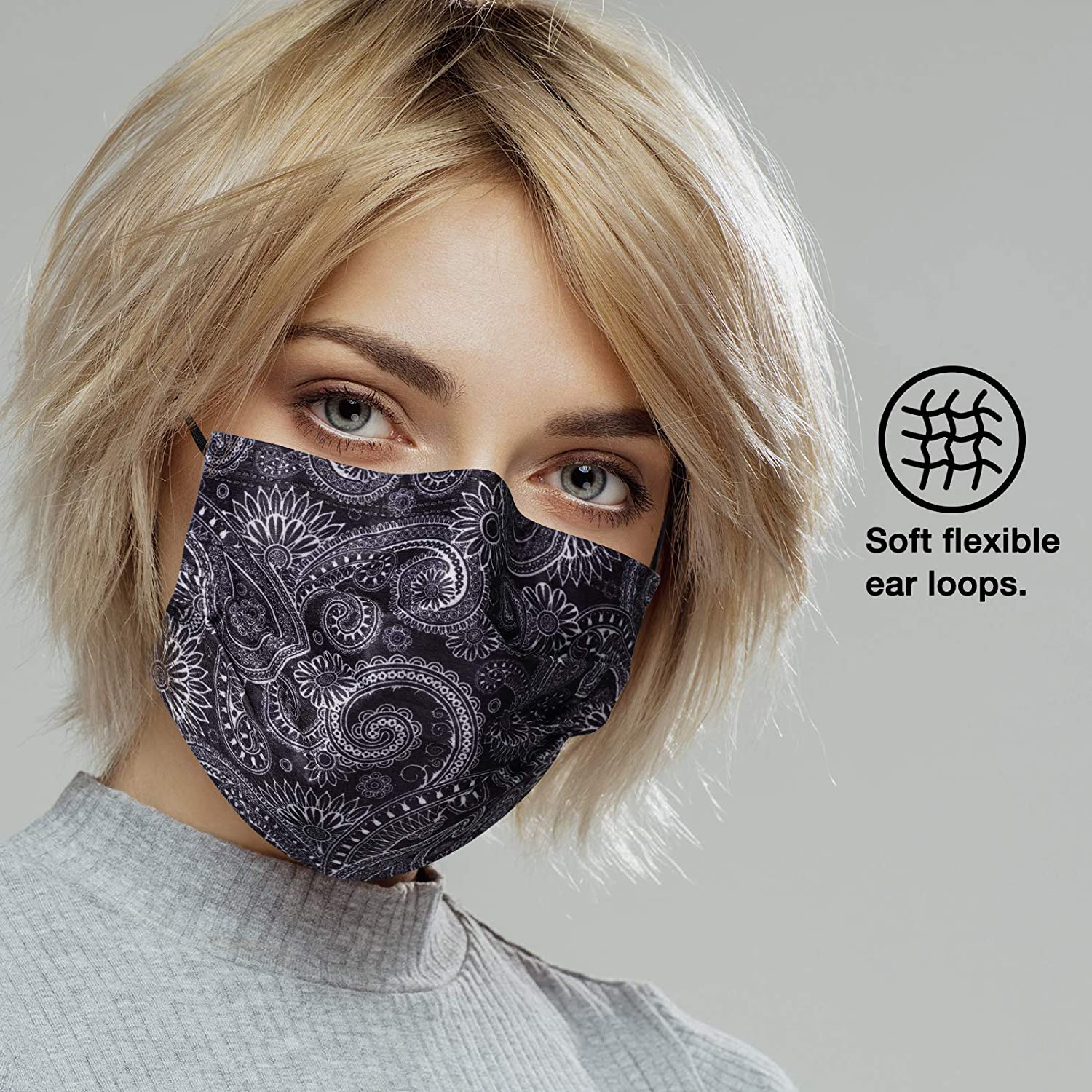 NUÜR 10pcs Paisley 3 Ply Disposable Face Mask with Elastic Earloop - Black - Image 4