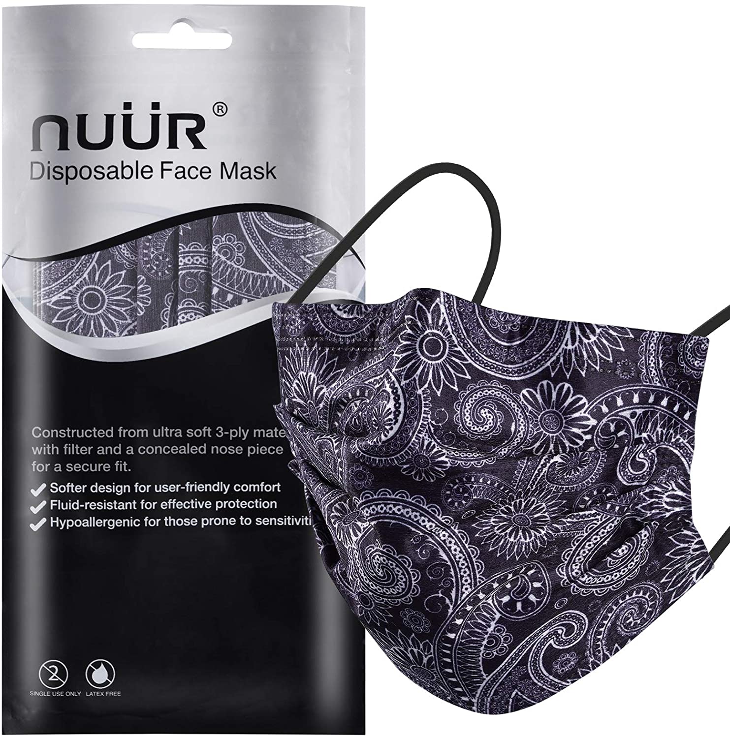 NUÜR 10pcs Paisley 3 Ply Disposable Face Mask with Elastic Earloop - Black
