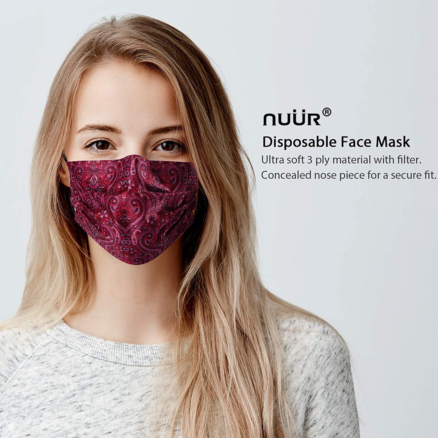 NUÜR 10pcs Paisley 3 Ply Disposable Face Mask with Elastic Earloop - Maroon - Image 2