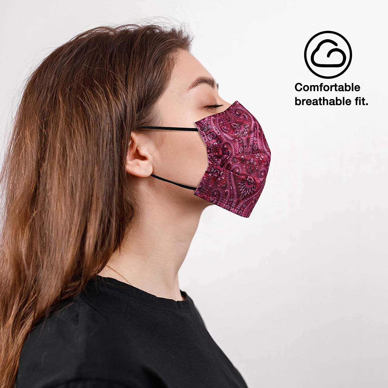 NUÜR 10pcs Paisley 3 Ply Disposable Face Mask with Elastic Earloop - Maroon - Image 3