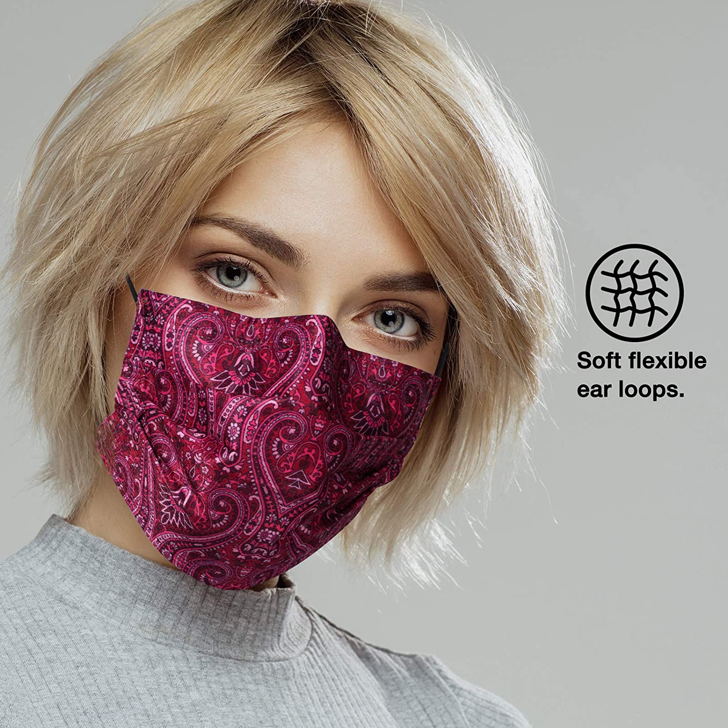 NUÜR 10pcs Paisley 3 Ply Disposable Face Mask with Elastic Earloop - Maroon - Image 4