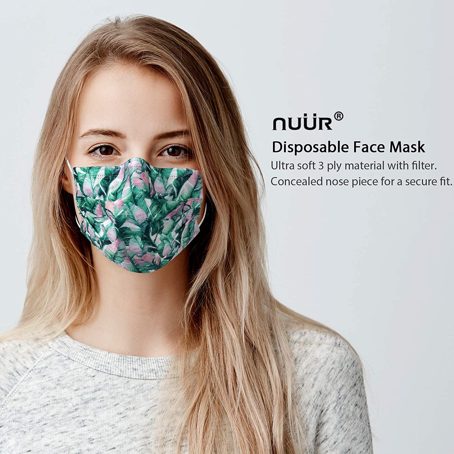 NUÜR 10pcs Floral 3 Ply Disposable Face Mask with Elastic Earloop - Mint Blue - Image 2