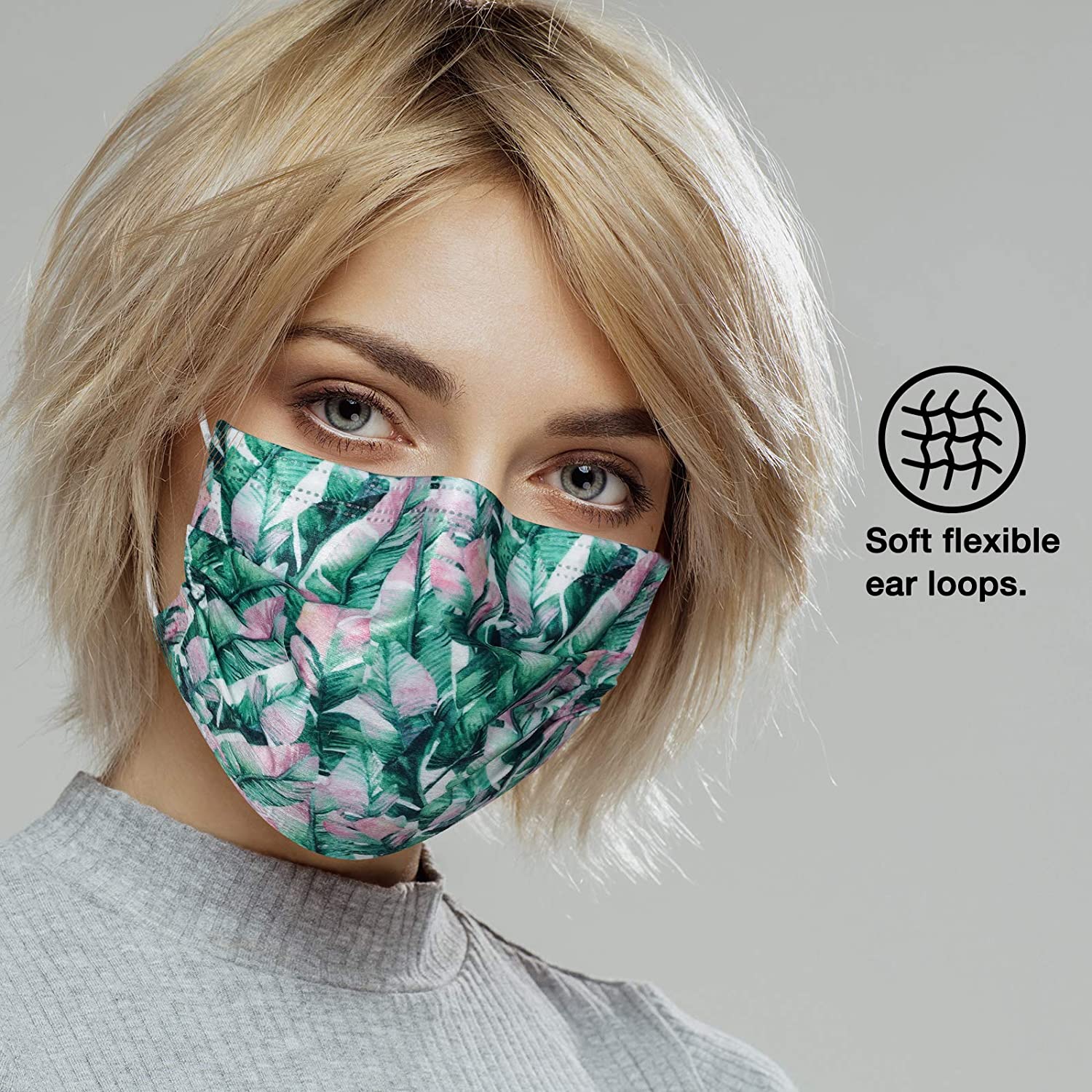 NUÜR 10pcs Floral 3 Ply Disposable Face Mask with Elastic Earloop - Mint Blue - Image 4