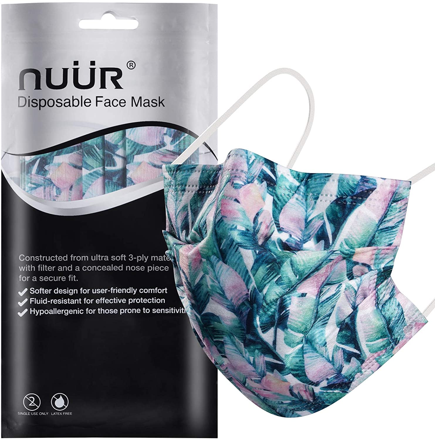 NUÜR 10pcs Floral 3 Ply Disposable Face Mask with Elastic Earloop - Mint Blue