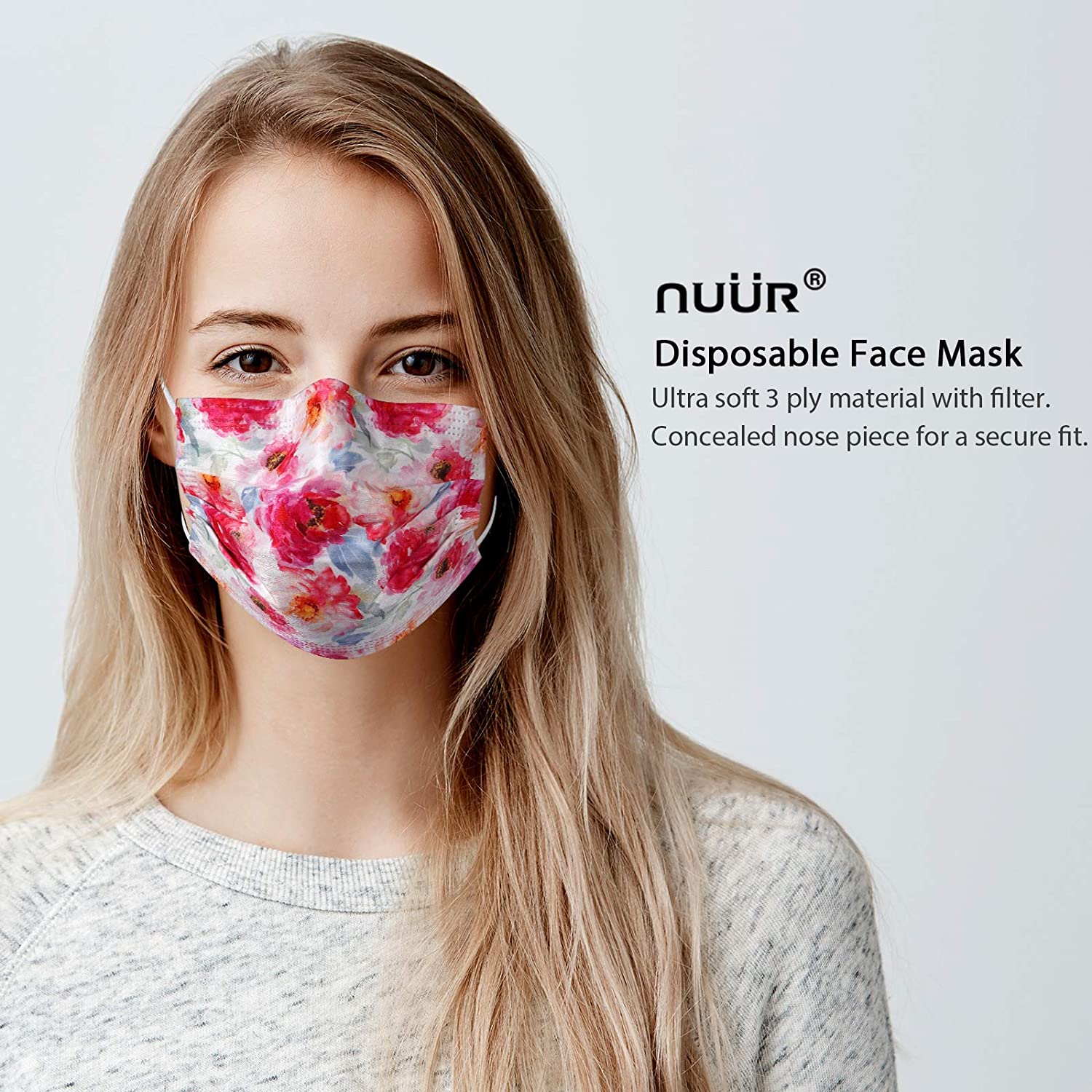 NUÜR 10pcs Floral 3 Ply Disposable Face Mask with Elastic Earloop - Roseate - Image 2