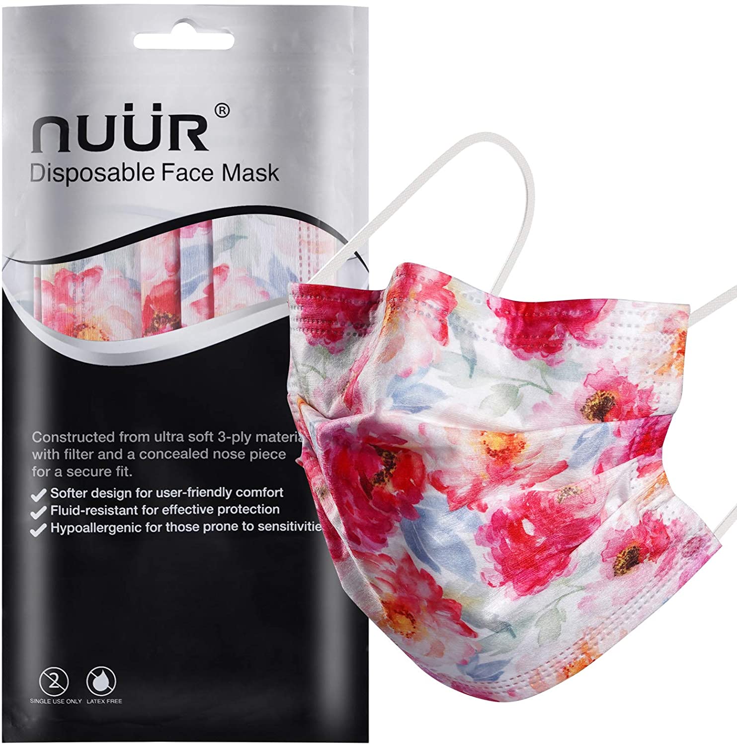 NUÜR 10pcs Floral 3 Ply Disposable Face Mask with Elastic Earloop - Roseate